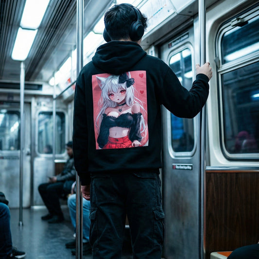 Anime Cat Girl Hoodie — Red Heart Kawaii Aesthetic Sweatshirt