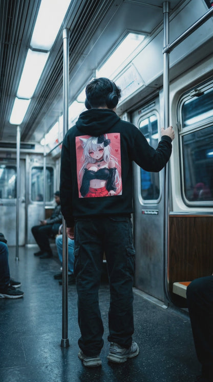 Anime Cat Girl Hoodie — Red Heart Kawaii Aesthetic Sweatshirt